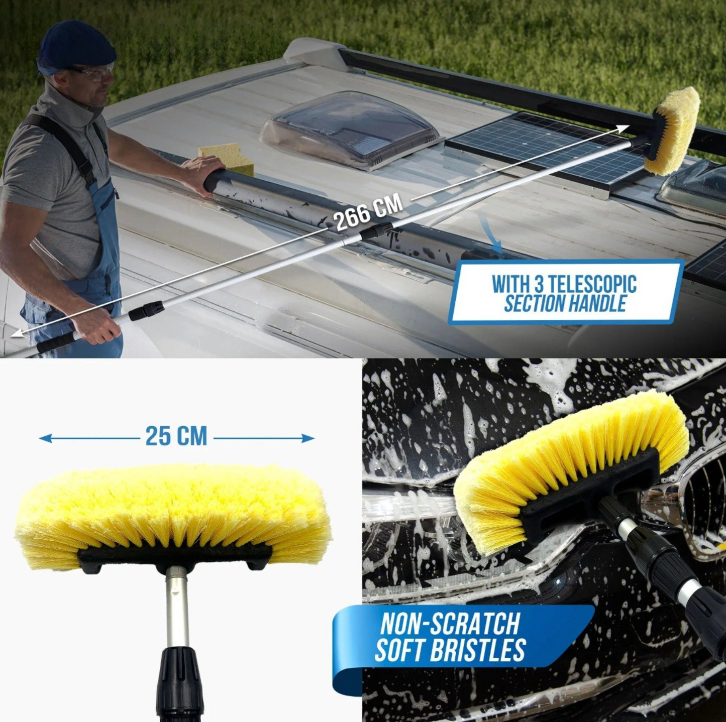 Telescopic Water Flow Car Wash Brush – Extendable Handle, Soft Bristles & Hose Connection for Effortless Cleaning
