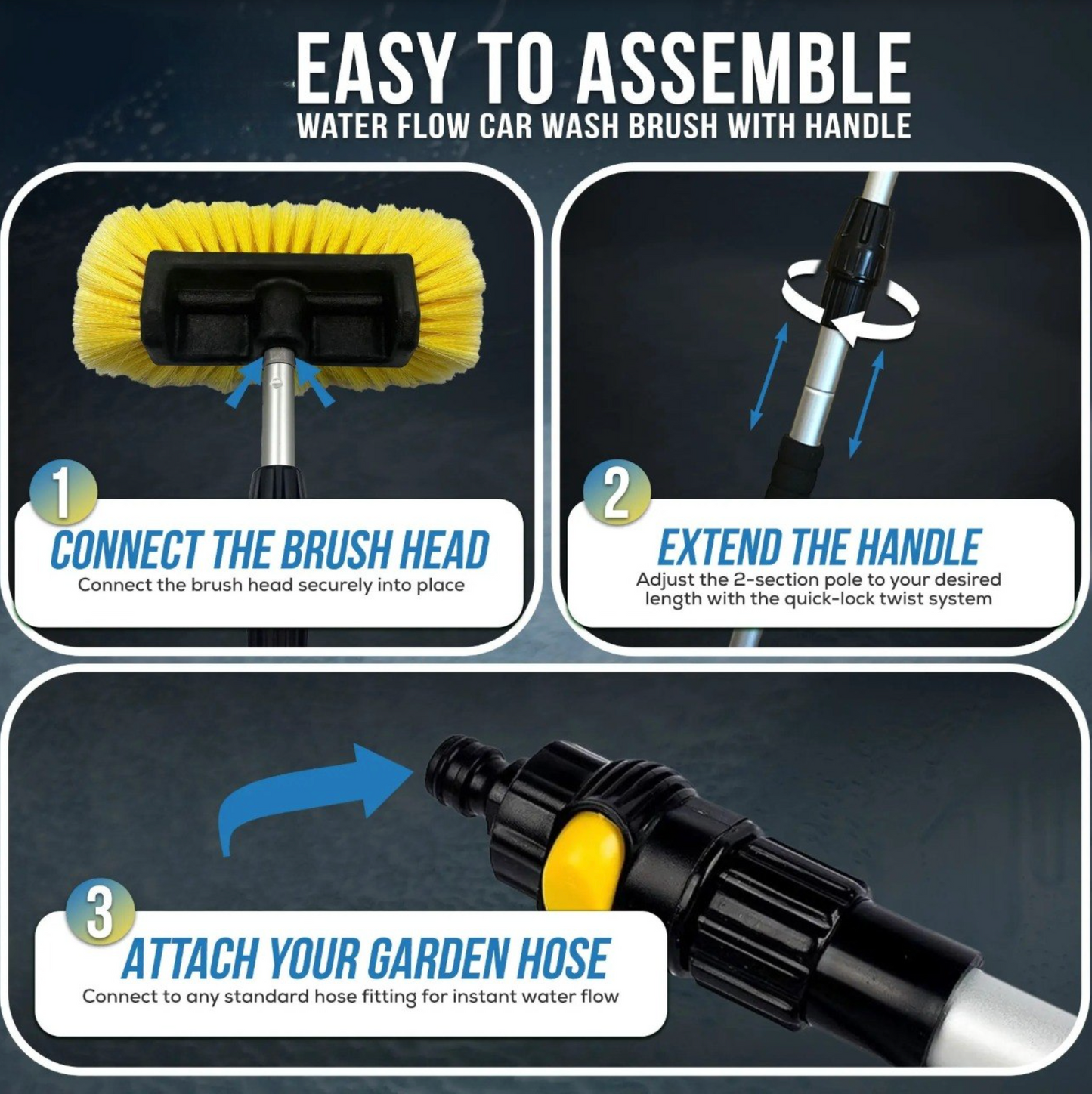 Telescopic Water Flow Car Wash Brush – Extendable Handle, Soft Bristles & Hose Connection for Effortless Cleaning